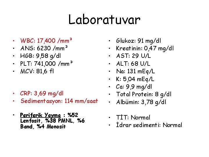 Laboratuvar • • • WBC: 17, 400 /mm³ ANS: 6230 /mm³ HGB: 9, 58