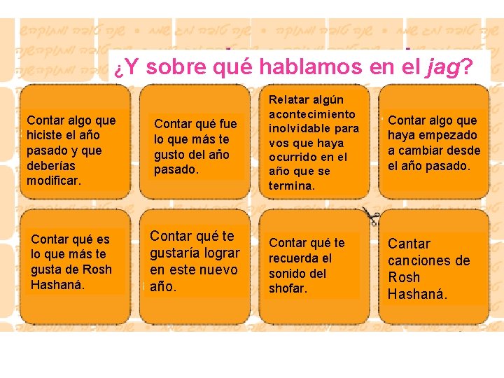 ¿Y sobre qué hablamos en el jag? Contar algo que hiciste el año pasado ¿Y sobre qué hablamos en el jag? Contar algo que hiciste el año pasado