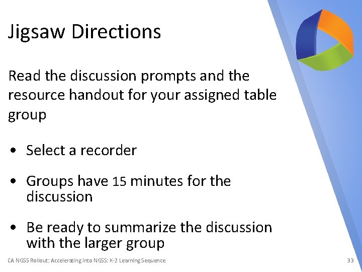 Jigsaw Directions Read the discussion prompts and the resource handout for your assigned table