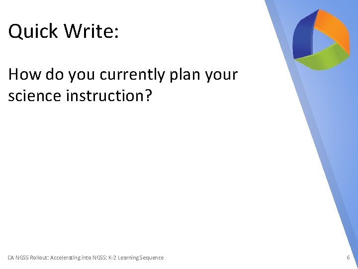 Quick Write: How do you currently plan your science instruction? CA NGSS Rollout: Accelerating