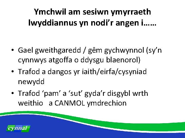 Ymchwil am sesiwn ymyrraeth lwyddiannus yn nodi’r angen i…… • Gael gweithgaredd / gêm