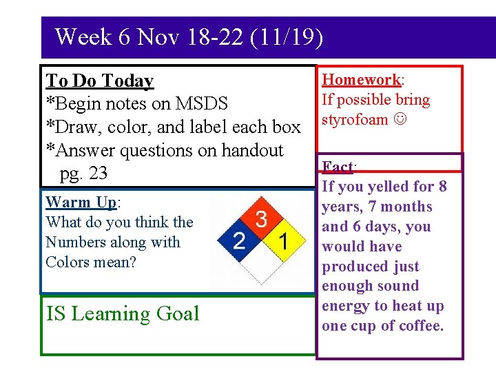 Week 6 Nov 18 -22 (11/19) To Do Today *Begin notes on MSDS *Draw,