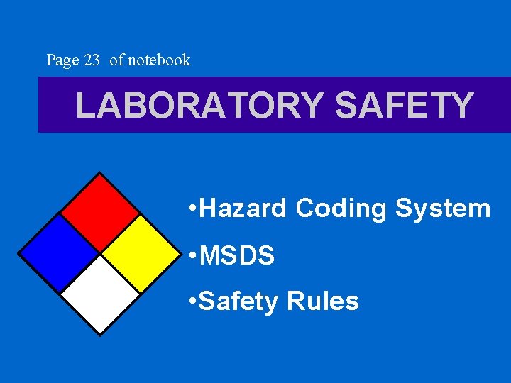 Page 23 of notebook LABORATORY SAFETY • Hazard Coding System • MSDS • Safety