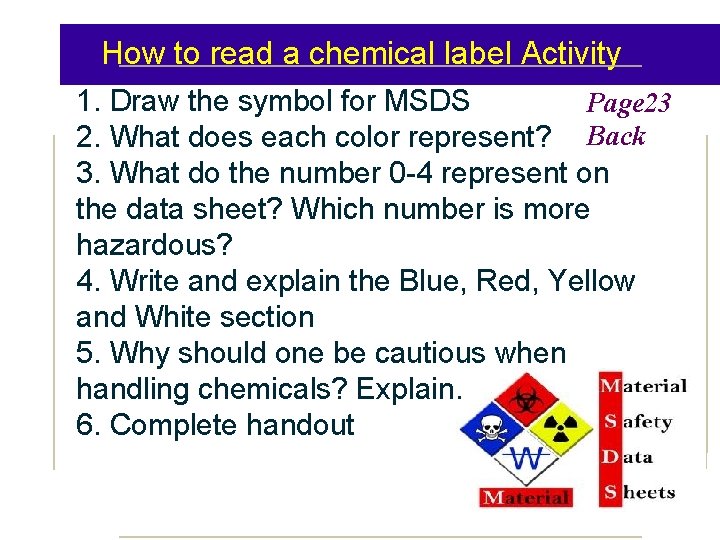 How to read a chemical label Activity 1. Draw the symbol for MSDS Page