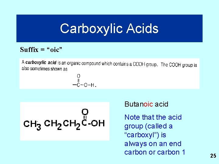 Carboxylic Acids Suffix = “oic” Butanoic acid Note that the acid group (called a