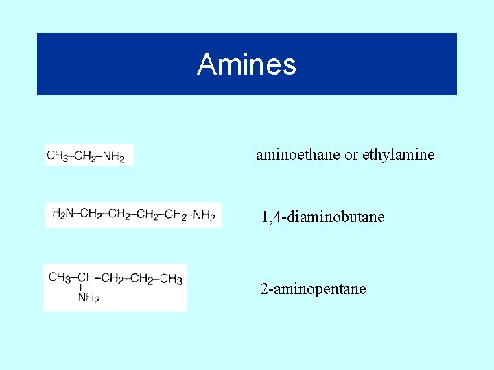 Amines aminoethane or ethylamine 1, 4 -diaminobutane 2 -aminopentane 