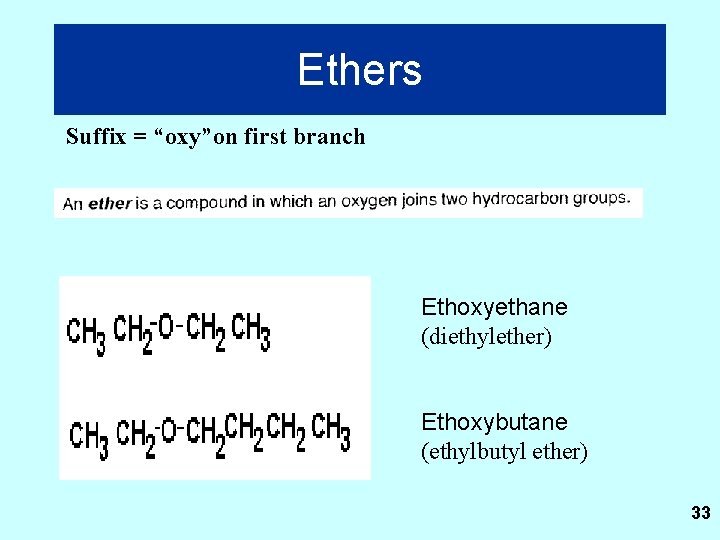 Ethers Suffix = “oxy”on first branch Ethoxyethane (diethylether) Ethoxybutane (ethylbutyl ether) 33 