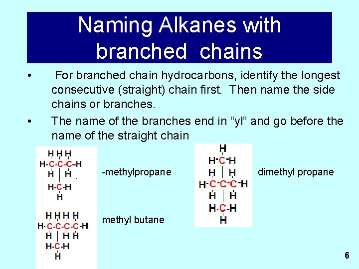 Naming Alkanes with branched chains • • For branched chain hydrocarbons, identify the longest