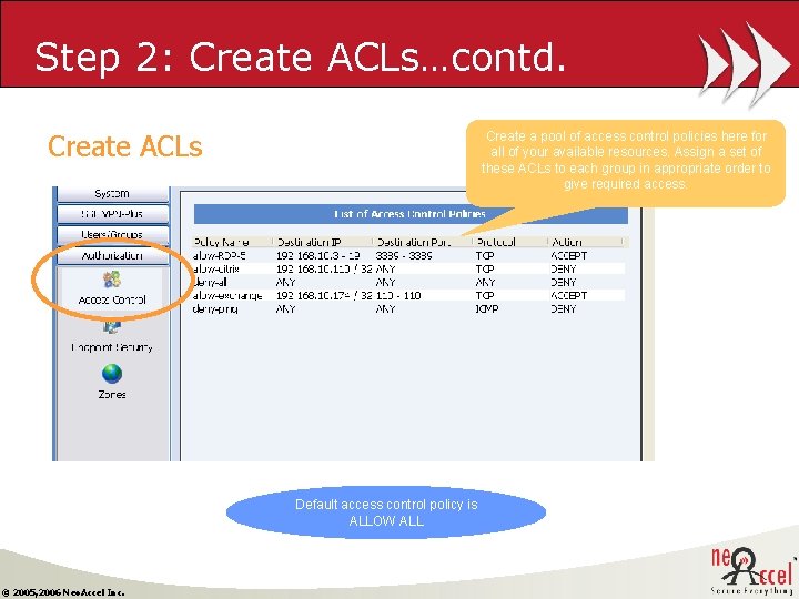 Step 2: Create ACLs…contd. Create ACLs Create a pool of access control policies here