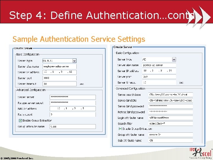 Step 4: Define Authentication…contd Sample Authentication Service Settings © 2005, 2006 Neo. Accel Inc.