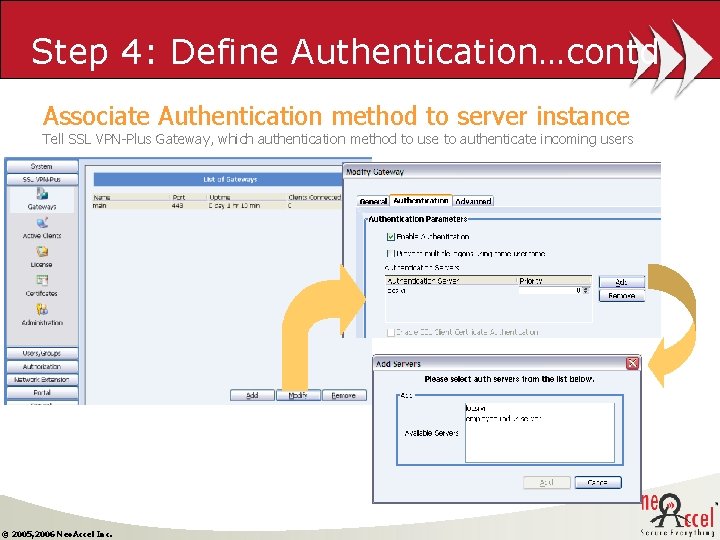 Step 4: Define Authentication…contd Associate Authentication method to server instance Tell SSL VPN-Plus Gateway,