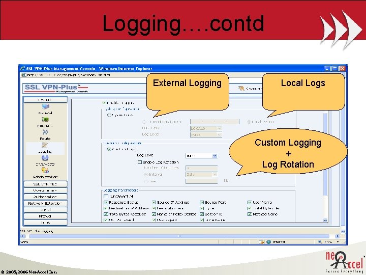 Logging…. contd External Logging Local Logs Custom Logging + Log Rotation © 2005, 2006