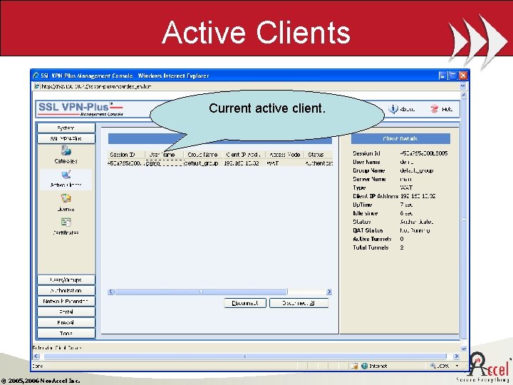 Active Clients Current active client. © 2005, 2006 Neo. Accel Inc. 