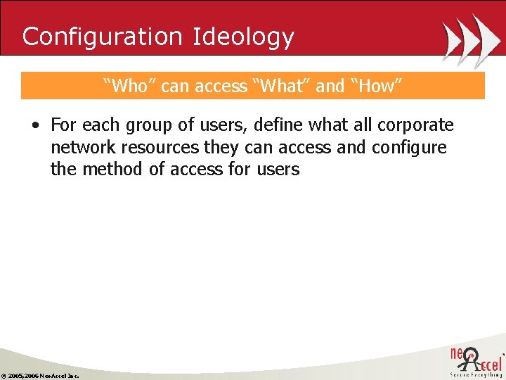 Configuration Ideology “Who” can access “What” and “How” • For each group of users,