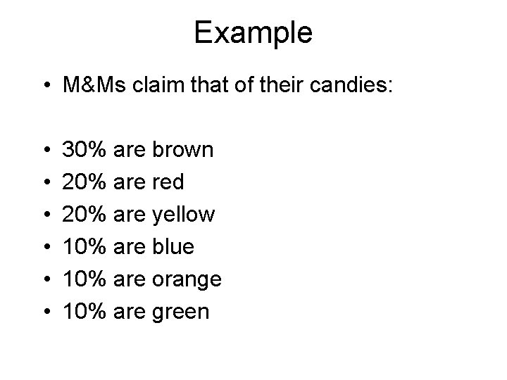 Example • M&Ms claim that of their candies: • • • 30% are brown
