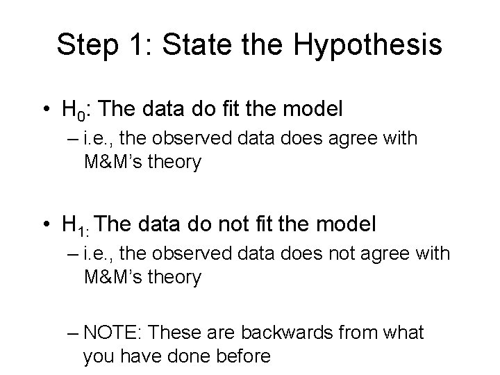 Step 1: State the Hypothesis • H 0: The data do fit the model