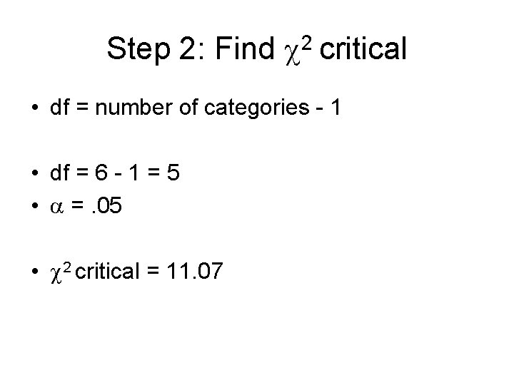 Step 2: Find 2 critical • df = number of categories - 1 •