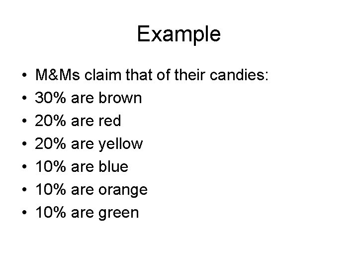 Example • • M&Ms claim that of their candies: 30% are brown 20% are