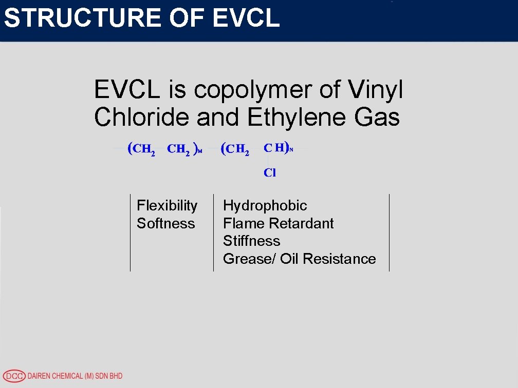 STRUCTURE OF EVCL is copolymer of Vinyl Chloride and Ethylene Gas Flexibility Softness Hydrophobic