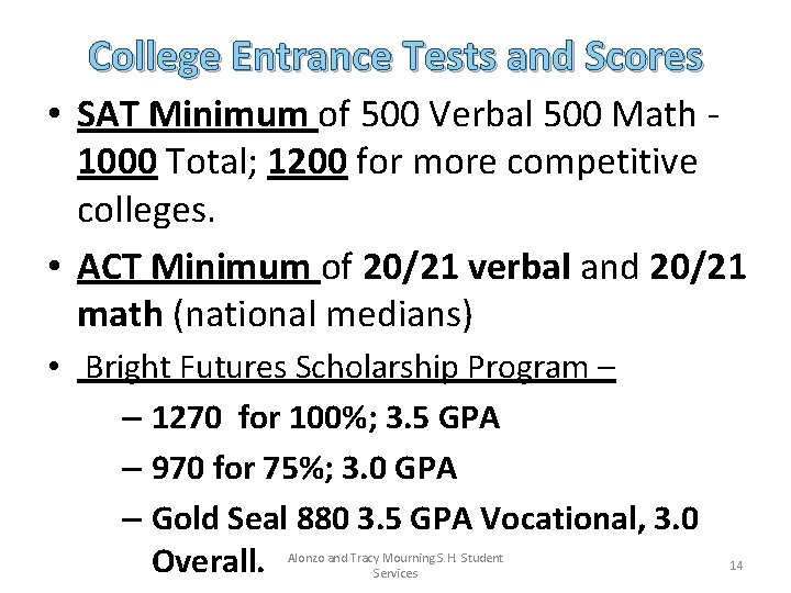 College Entrance Tests and Scores • SAT Minimum of 500 Verbal 500 Math 1000