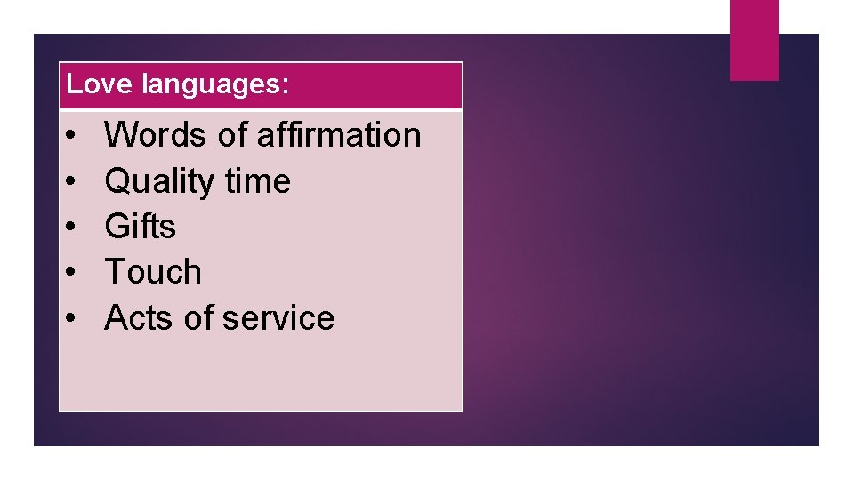 Love languages: • • • Words of affirmation Quality time Gifts Touch Acts of