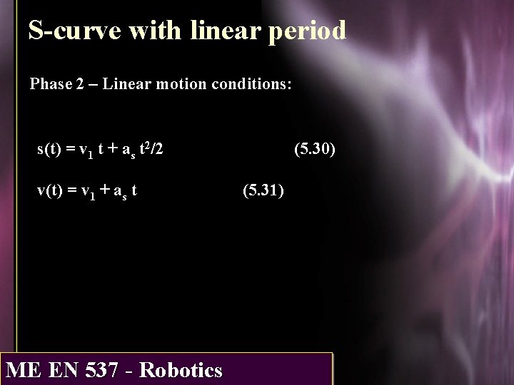 S-curve with linear period Phase 2 – Linear motion conditions: s(t) = v 1