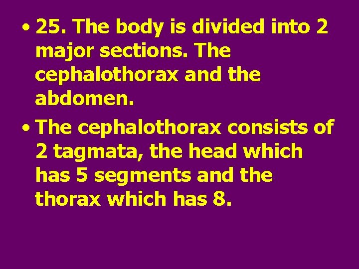  • 25. The body is divided into 2 major sections. The cephalothorax and