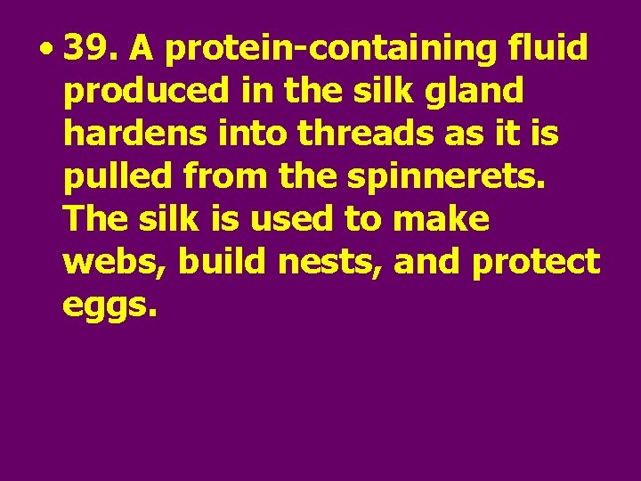  • 39. A protein-containing fluid produced in the silk gland hardens into threads