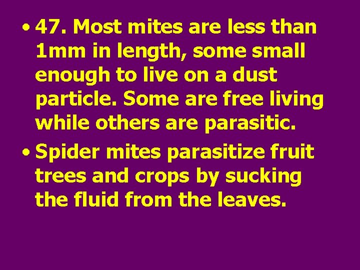  • 47. Most mites are less than 1 mm in length, some small