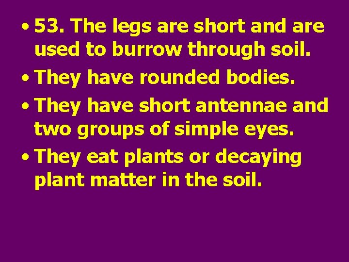  • 53. The legs are short and are used to burrow through soil.