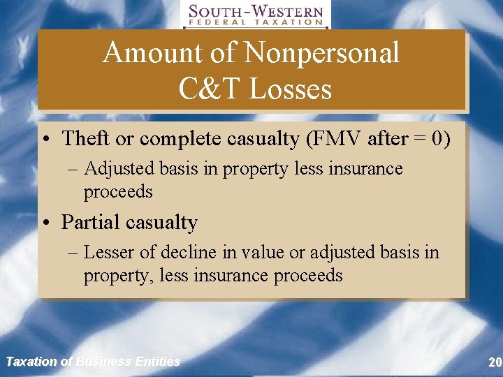 Amount of Nonpersonal C&T Losses • Theft or complete casualty (FMV after = 0)