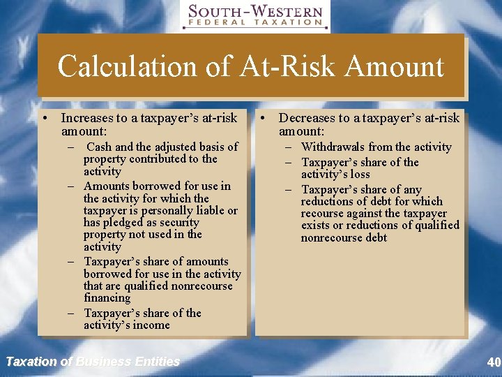 Calculation of At-Risk Amount • Increases to a taxpayer’s at-risk amount: • Decreases to