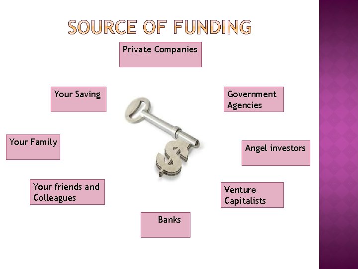 Private Companies Your Saving Government Agencies Your Family Angel investors Your friends and Colleagues