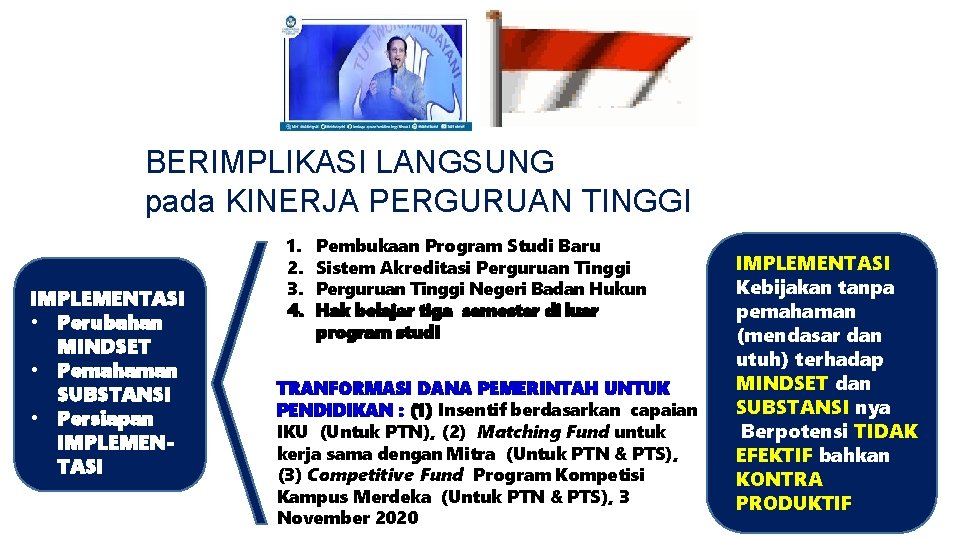 BERIMPLIKASI LANGSUNG pada KINERJA PERGURUAN TINGGI EPISODE 1 IMPLEMENTASI • Perubahan MINDSET • Pemahaman