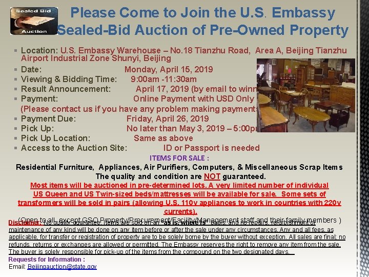 Please Come to Join the U. S. Embassy Sealed-Bid Auction of Pre-Owned Property §