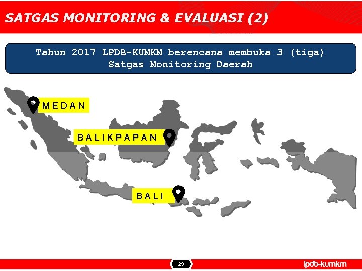 SATGAS MONITORING & EVALUASI (2) Tahun 2017 LPDB-KUMKM berencana membuka 3 (tiga) Satgas Monitoring