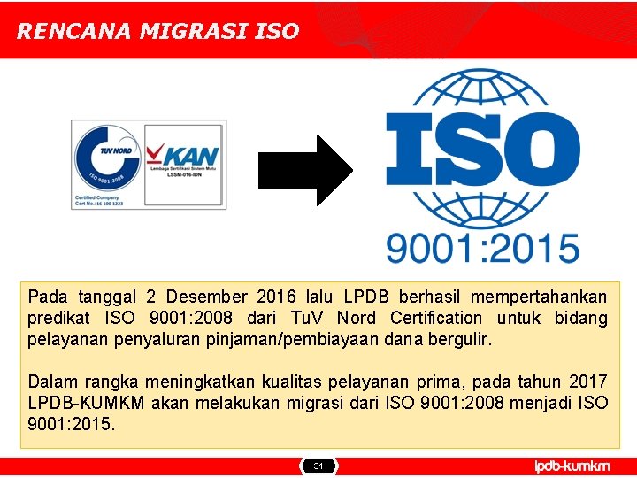 RENCANA MIGRASI ISO Pada tanggal 2 Desember 2016 lalu LPDB berhasil mempertahankan predikat ISO