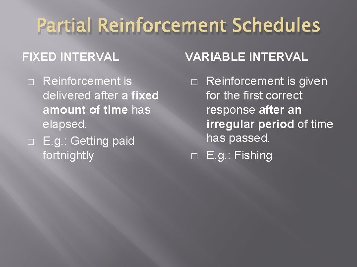 Partial Reinforcement Schedules FIXED INTERVAL � � Reinforcement is delivered after a fixed amount