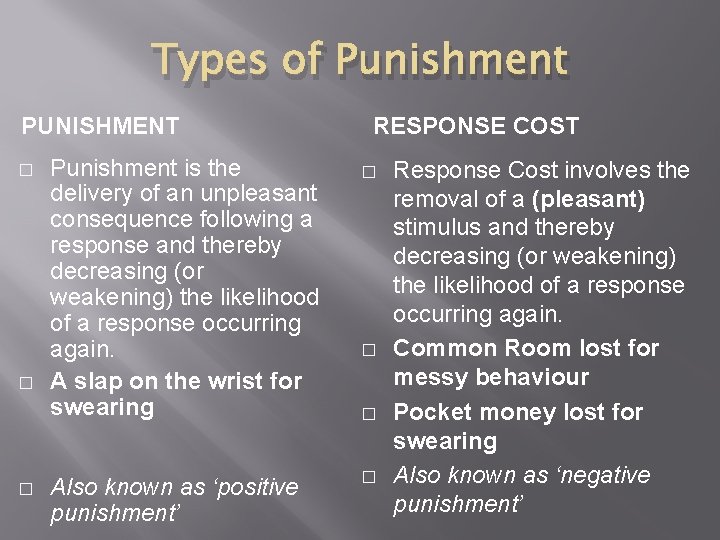 Types of Punishment PUNISHMENT � � � Punishment is the delivery of an unpleasant