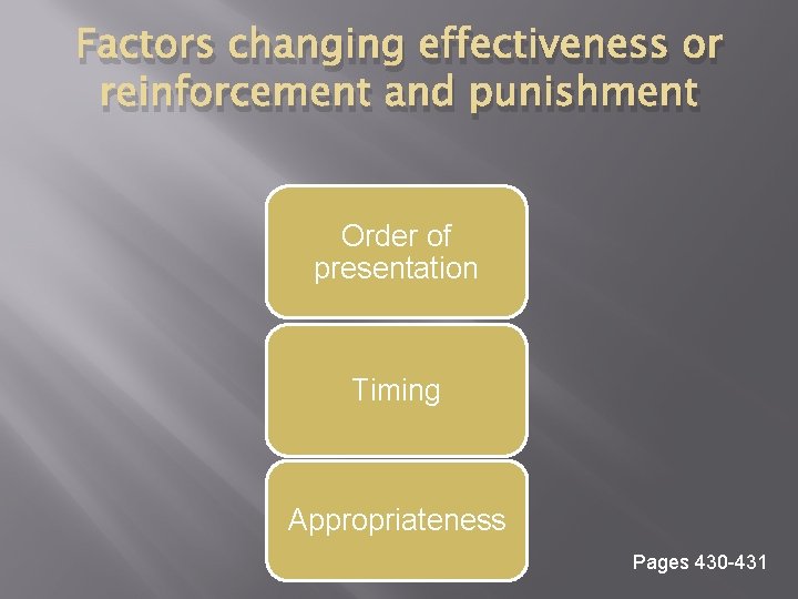 Factors changing effectiveness or reinforcement and punishment Order of presentation Timing Appropriateness Pages 430