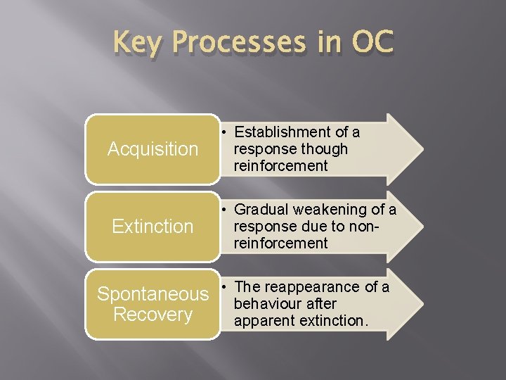 Key Processes in OC Acquisition Extinction • Establishment of a response though reinforcement •