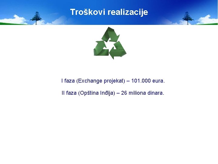 Troškovi realizacije I faza (Exchange projekat) – 101. 000 eura. II faza (Opština Inđija)