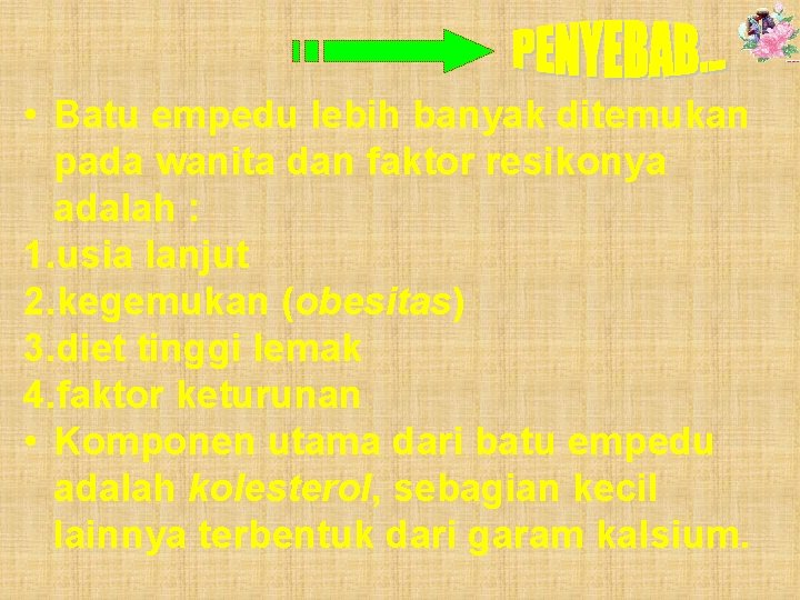  • Batu empedu lebih banyak ditemukan pada wanita dan faktor resikonya adalah :