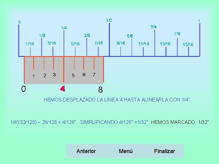 4 HEMOS DESPLAZADO LA LÍNEA 4 HASTA ALINEARLA CON 1/4”(32/128) – 28/128 = 4/128”.