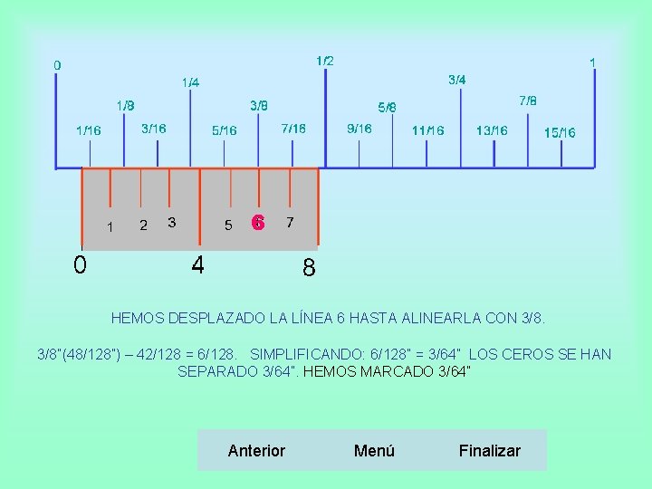 6 HEMOS DESPLAZADO LA LÍNEA 6 HASTA ALINEARLA CON 3/8”(48/128”) – 42/128 = 6/128.
