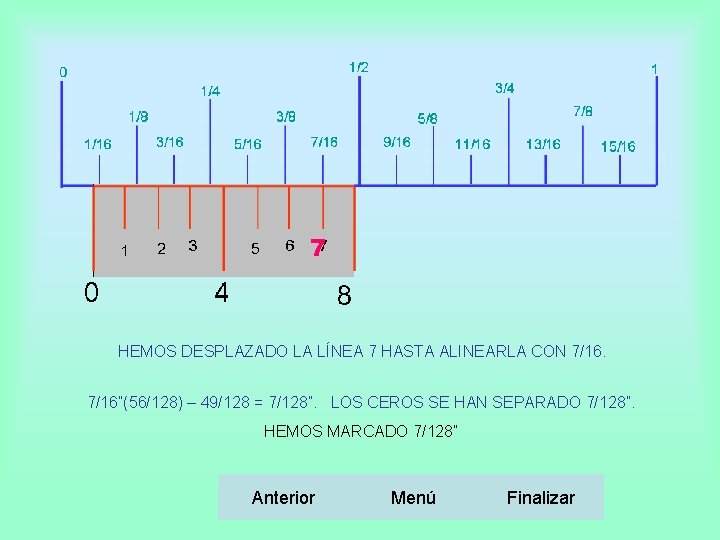 7 HEMOS DESPLAZADO LA LÍNEA 7 HASTA ALINEARLA CON 7/16”(56/128) – 49/128 = 7/128”.