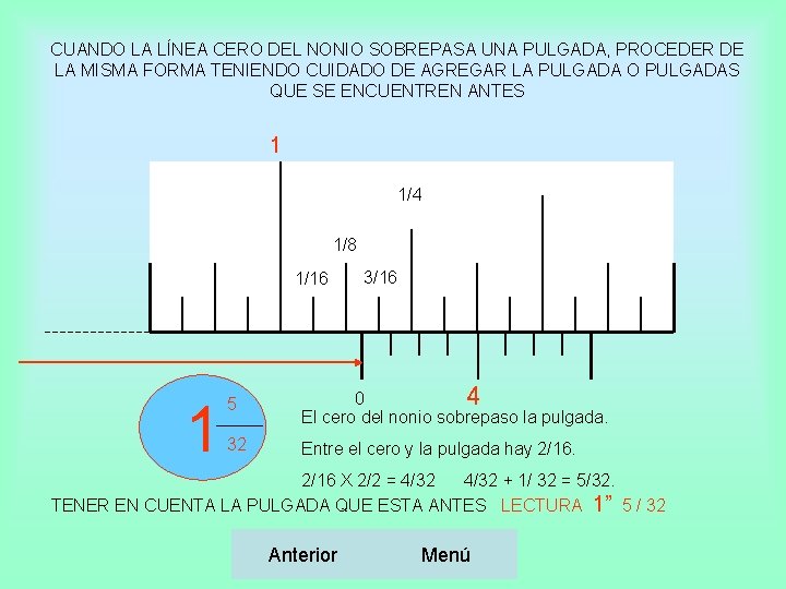 CUANDO LA LÍNEA CERO DEL NONIO SOBREPASA UNA PULGADA, PROCEDER DE LA MISMA FORMA