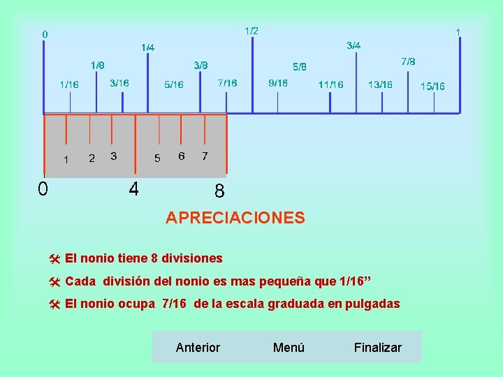 APRECIACIONES @ El nonio tiene 8 divisiones @ Cada división del nonio es mas