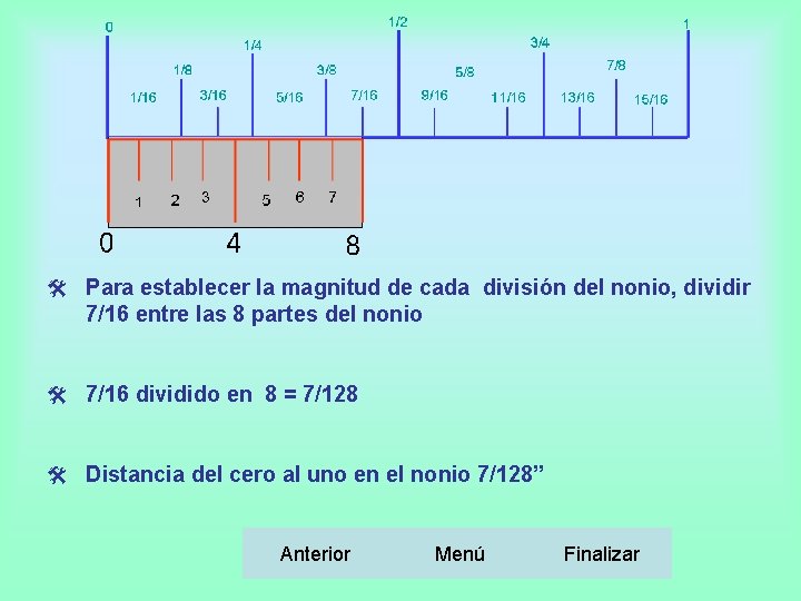 @ Para establecer la magnitud de cada división del nonio, dividir 7/16 entre las