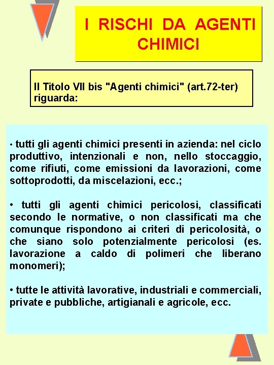 I RISCHI DA AGENTI CHIMICI Il Titolo VII bis "Agenti chimici" (art. 72 -ter)